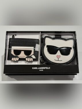 Karl Lagerfeld Black & White Cat Coin Purse and Card Holder Set NWT Retail $198